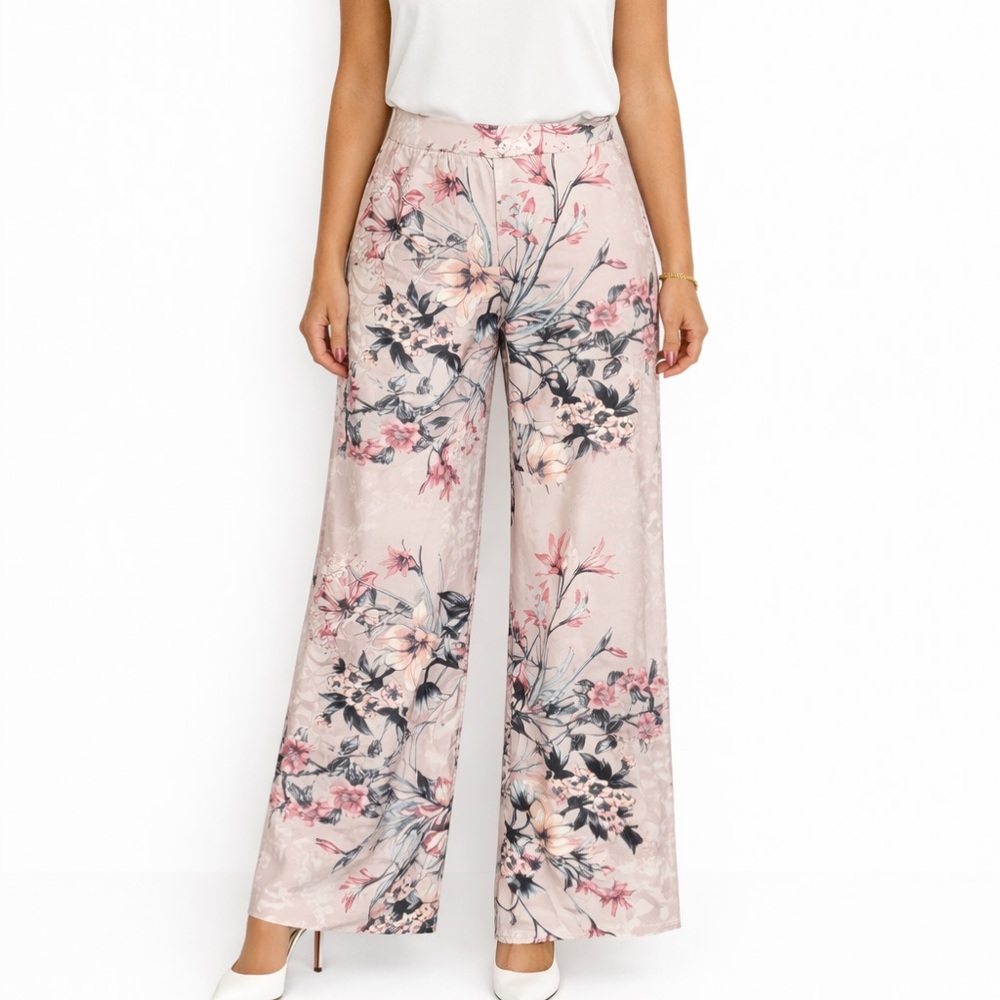 Blush Floral Wide Leg Pants | High Waist Resort Vacation Palazzo - Picture 2 of 5